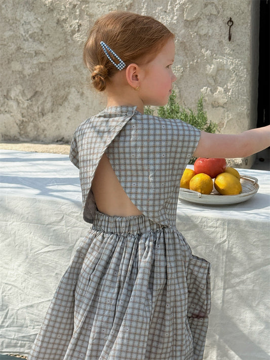 Windowpane Check Backless Midi Dress グラフチェック コットン 半袖ワンピース【mh0012783】