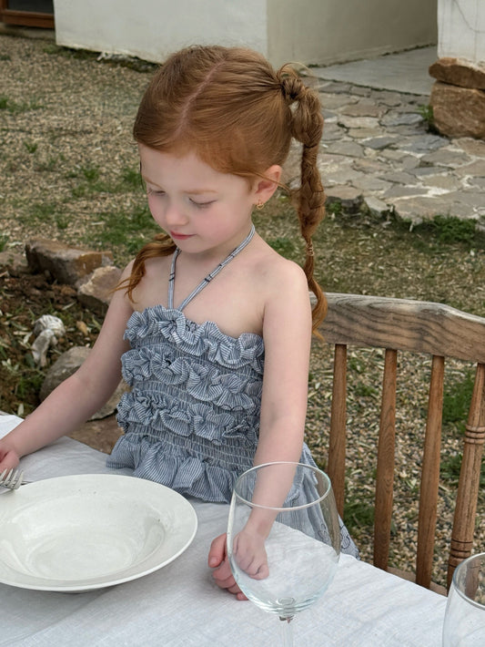 Smocked Halterneck Maxi Dress ストライプ フラワー刺繍 ノースリーブワンピース【mh0012825】