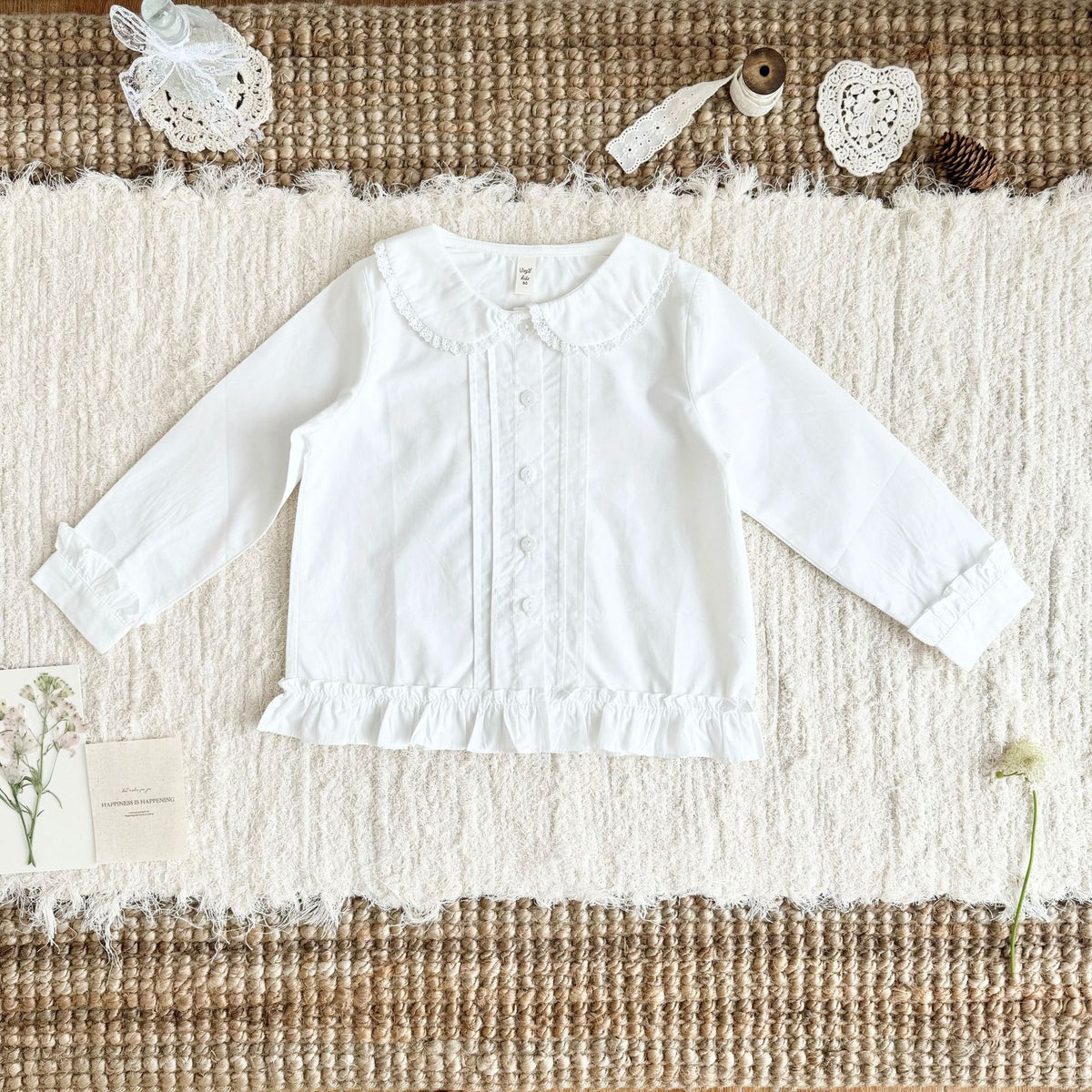 キッズ フラワー 透かし編み フリル 刺繍 ニット ベスト 長袖 ブラウス【mh0014609】