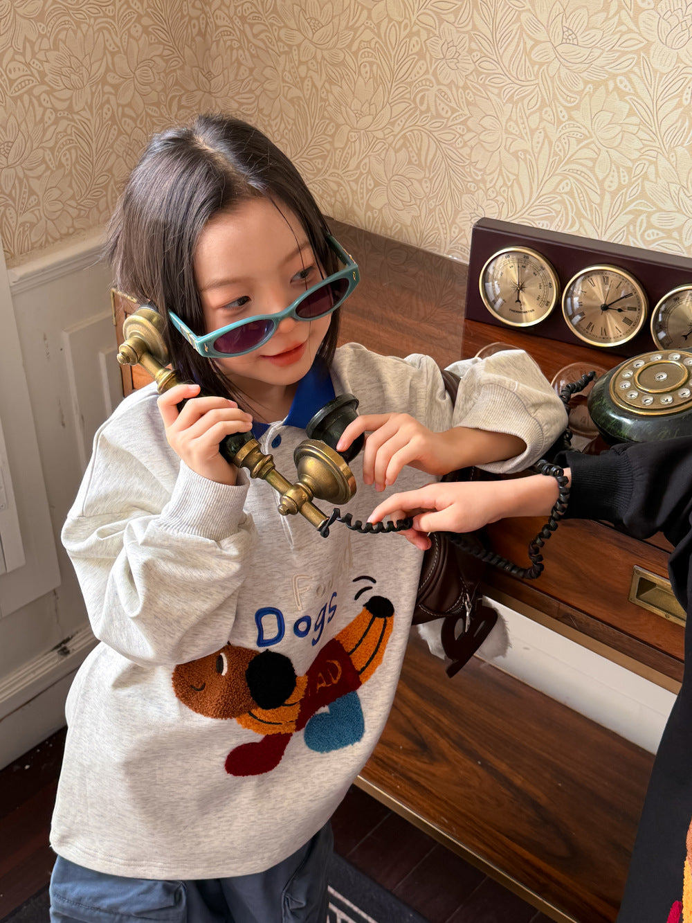Kids' Animal Embroidery Bicolor Polo Collar Long Sleeve Sweatshirt