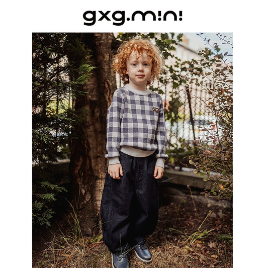 -長袖ニットセーター 綿100% チェック柄 クルーネック シンプル【mh0011341】 - mamahalo shop - ニット・セーター - べビー服 - 子供服 - 男の子 - 女の子