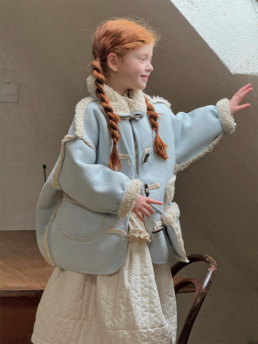 フェイクムートンダッフルコート ボア くすみブルー ミドル丈【mh0011751】