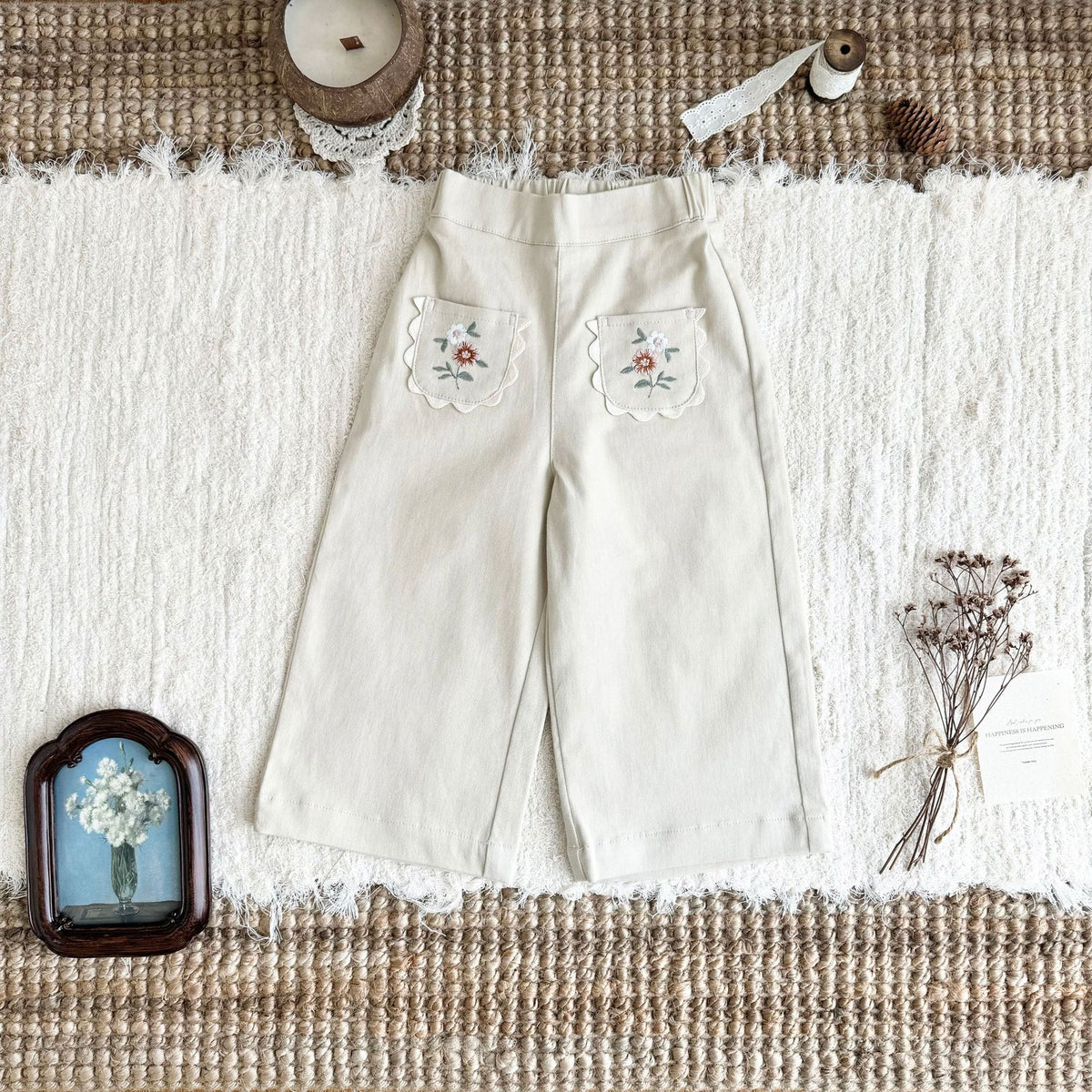 キッズ フラワー 刺繍 ポケット フリル イージー ワイド ロングパンツ【mh0014613】