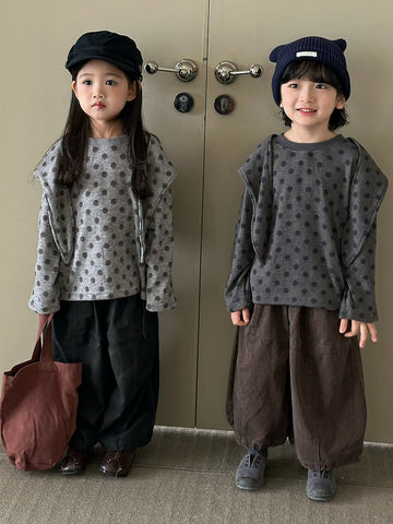 キッズ ドット柄 ドロップショルダー フェイクショール 長袖 Tシャツ【mh0014296】