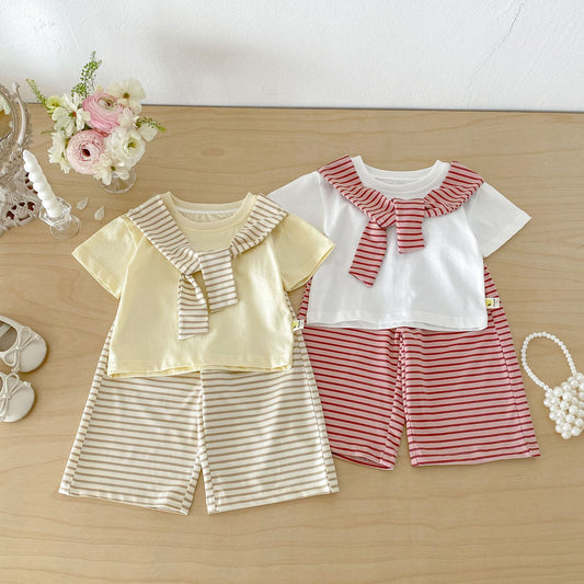 Sailor Collar Striped Set 半袖Tシャツ ハーフパンツ セット【mh0013426】