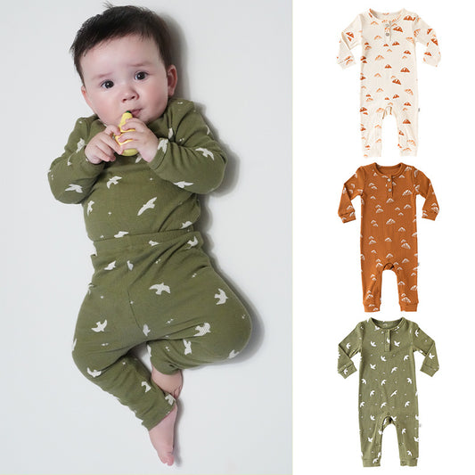 -クロワッサン/バードプリント長袖ジャンプスーツロンパース【mh0010736】 - mamahalo shop - 長袖ロンパース - べビー服 - 子供服 - 男の子 - 女の子