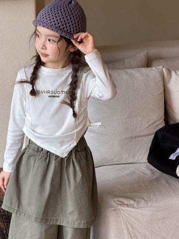 キッズ ジュニア 英字プリント アシメ裾 長袖Tシャツ スカートドッキング ワイドパンツ【mh0014281】
