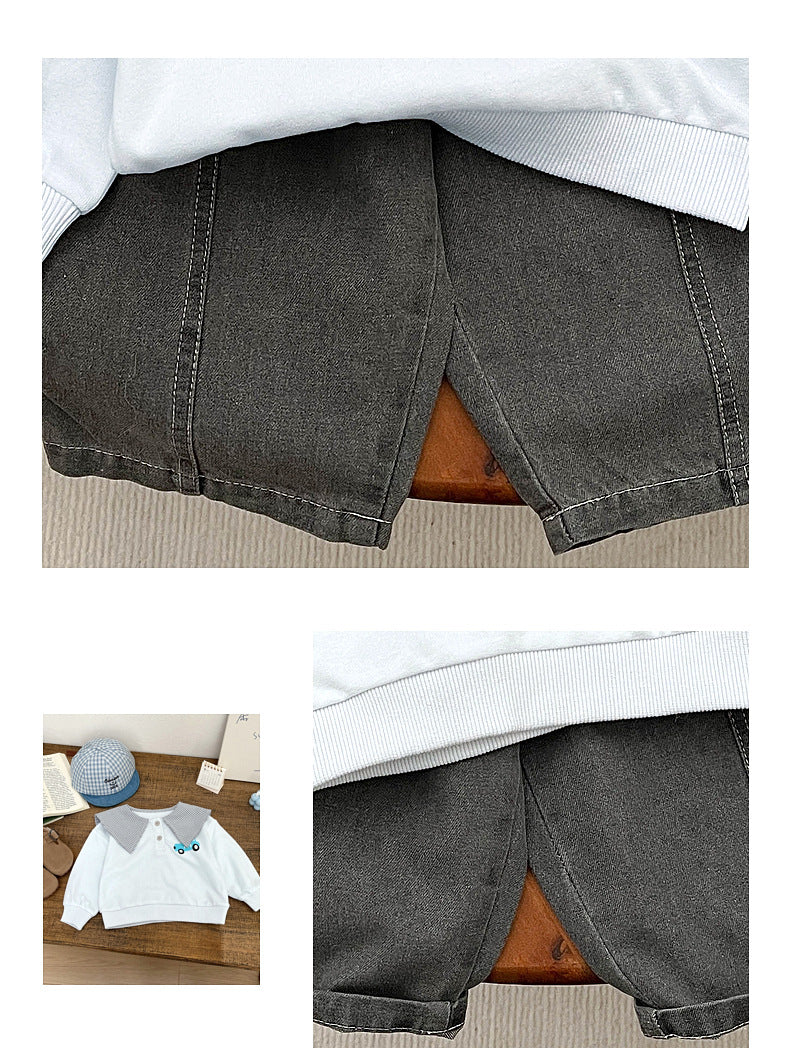 Sudadera con cuello, bordado, botones a presión y estampado de coches, de algodón, para bebé y niño, de manga larga【mh0013995】