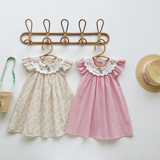 アニマル刺繍 コットン フリル 丸襟 半袖ワンピース フレンチシック【mh0013661】