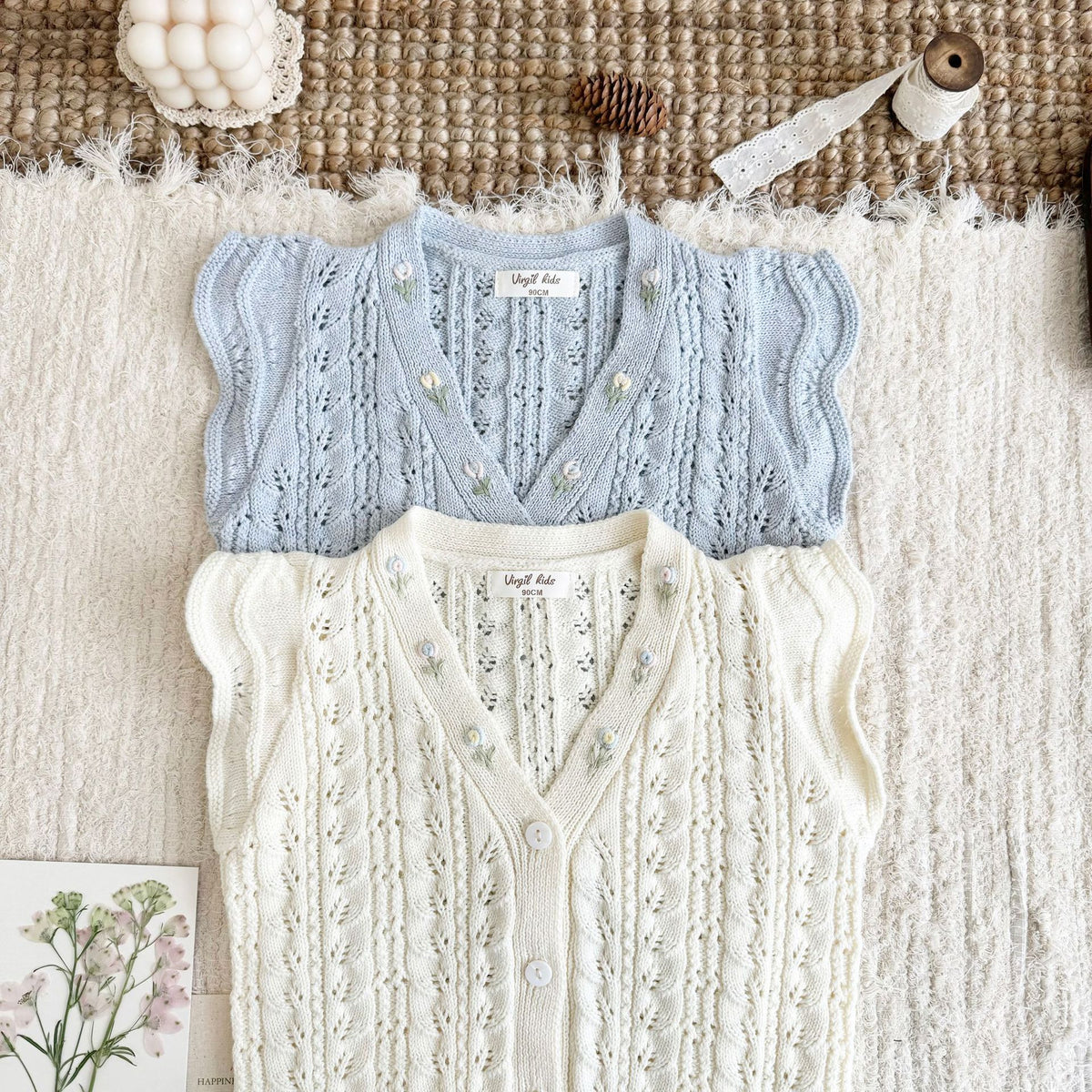 キッズ フラワー 透かし編み フリル 刺繍 ニット ベスト 長袖 ブラウス【mh0014609】