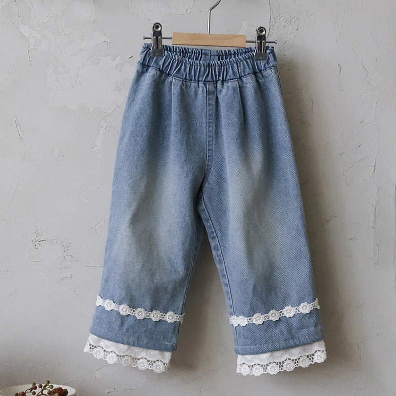 キッズ ジュニア 花柄 レース フリル デニム バギー ワイド ロングパンツ【mh0014796】