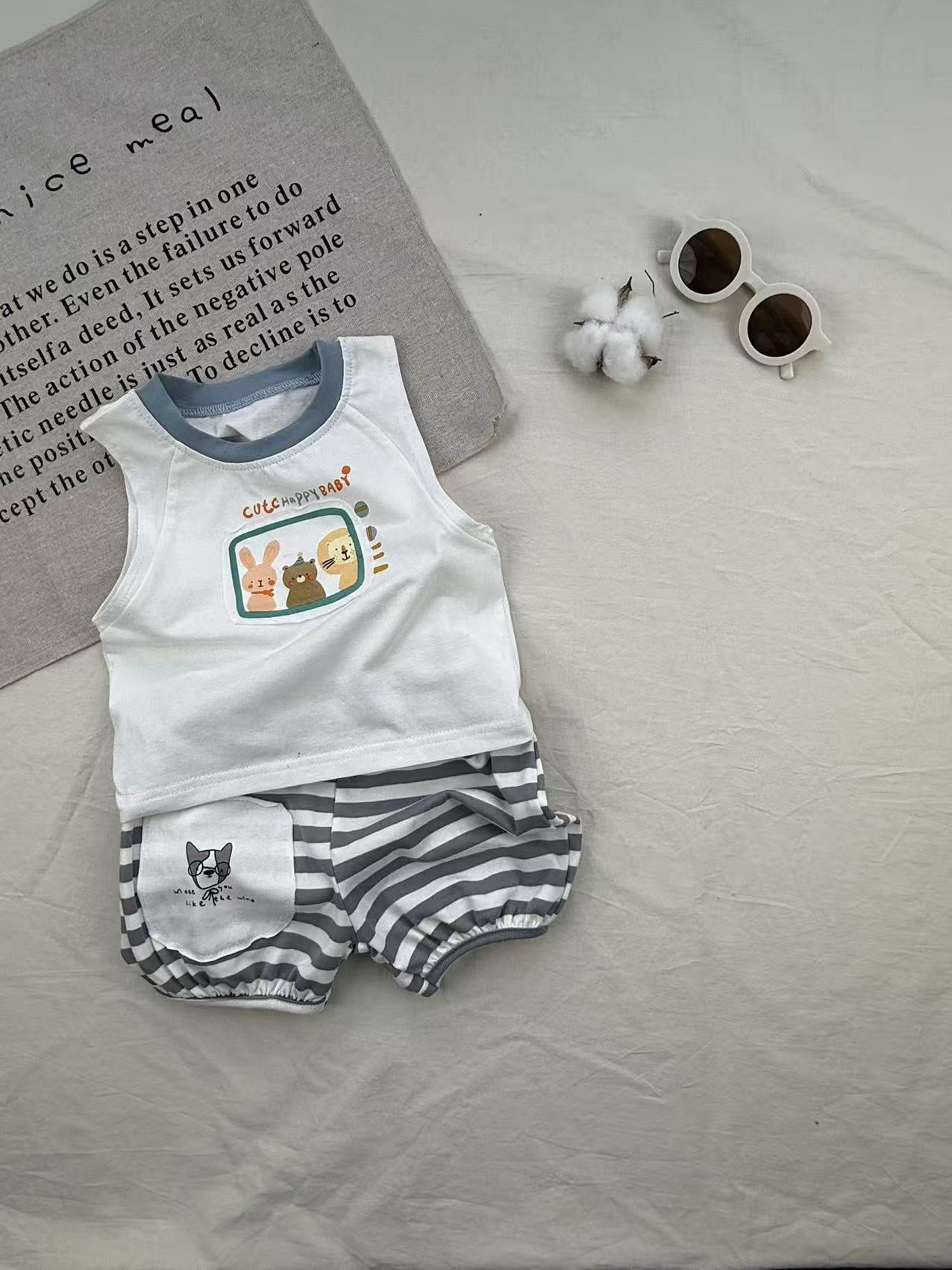 Retro Animal Stripe Tank Top Set ボーダー ノースリーブ ショートパンツ セット【mh0012910】