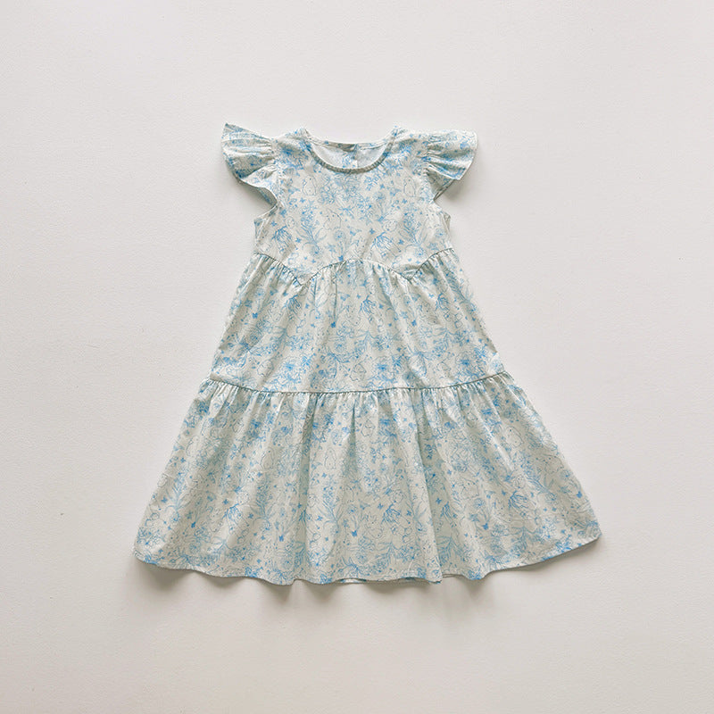 Floral Rabbit Flutter Sleeve Tiered Dress アニマル 半袖ワンピース【mh0013655】