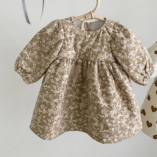 Faux Fur Collar Printed Padded Dress 花柄 ハート柄ワンピース【mh0012634】