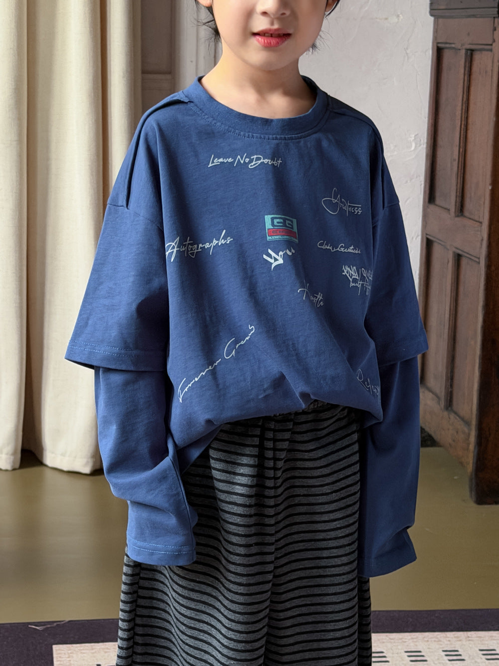 キッズ 英字 プリント レイヤード風 ドッキング ルーズ 長袖Tシャツ【mh0013911】