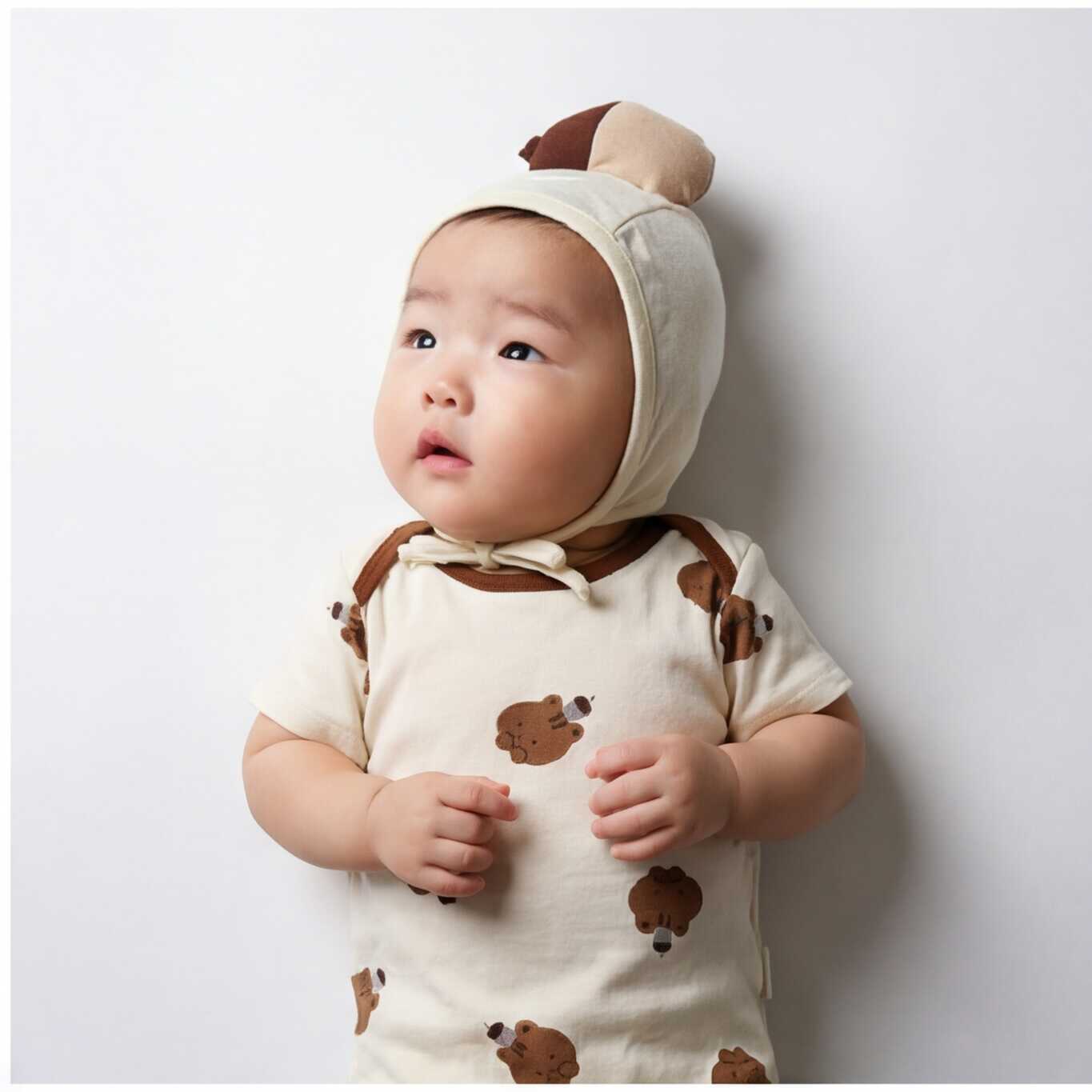 Short Sleeved Squirrel Print Jumpsuit With Chestnut Hat リスプリント 半袖ロンパース【mh0013360】