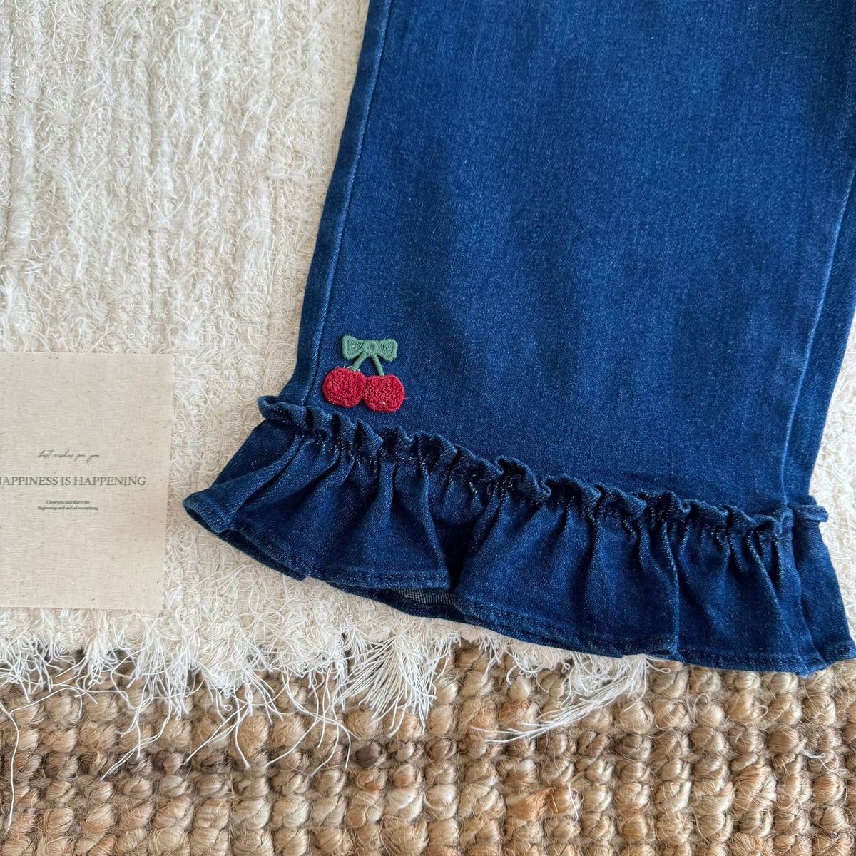 キッズ フラワー チェリー 刺繍 フリル ニット ベスト 長袖 ブラウス ワイド デニムパンツ【mh0014607】