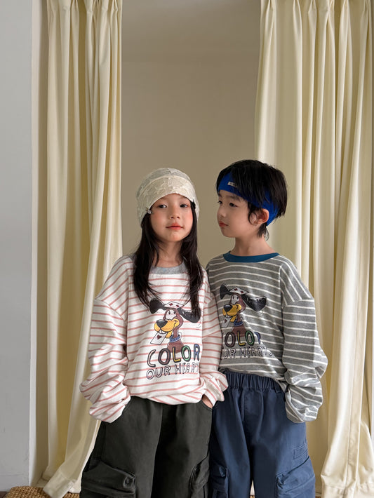 キッズ ボーダー プリント クルーネック 長袖Tシャツ【mh0013905】