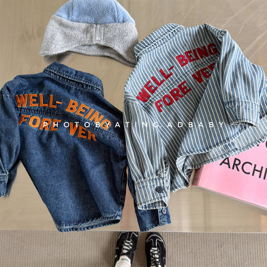Camisa vaquera de manga larga con bordado de logotipo en la espalda para niños 【mh0014549】