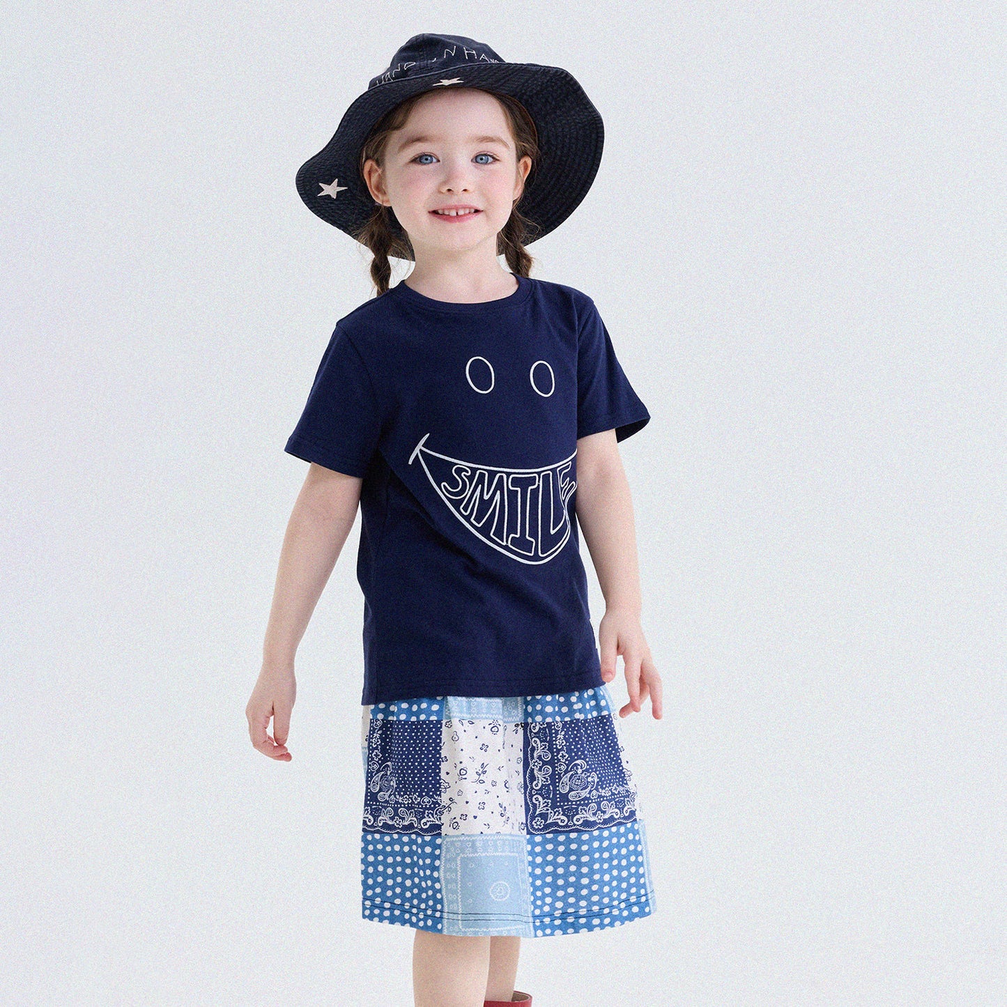 キッズ スマイルプリント バックプリント クルーネック 半袖Tシャツ【mh0013769】