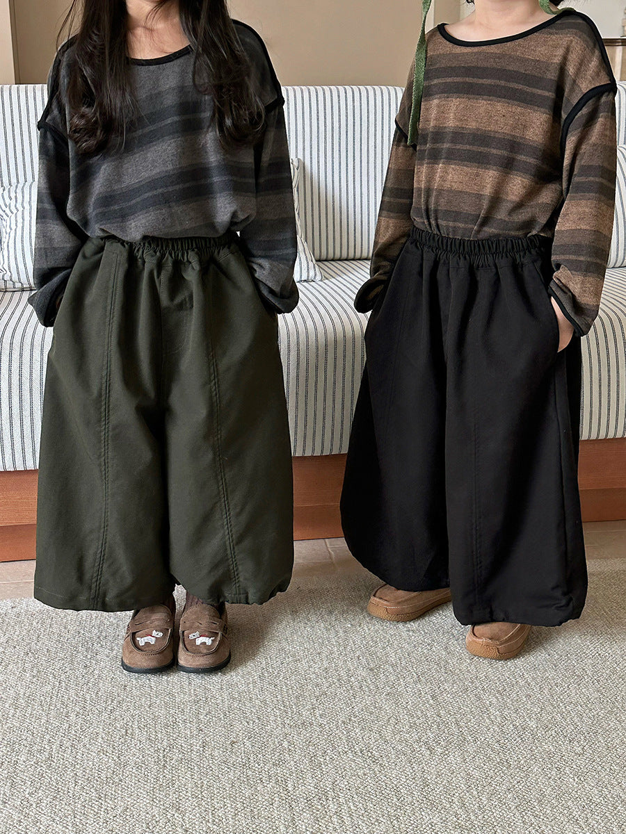 キッズ切り替えステッチルーズワイドパンツ、ダークグリーンと黒のゴムウエスト