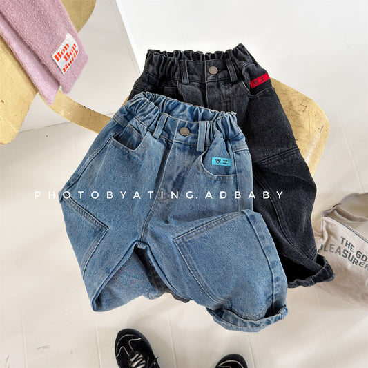 Pantalones largos de mezclilla anchos y holgados con costuras para niños 【mh0014539】