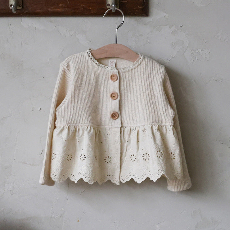 キッズ ジュニア ペプラム 花柄刺繍 レース切替 ニット カーディガン【mh0014799】