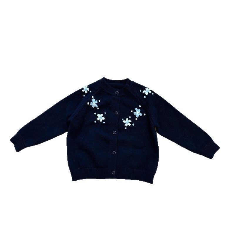キッズ フラワー刺繍 クルーネック ニット カーディガン【mh0014518】