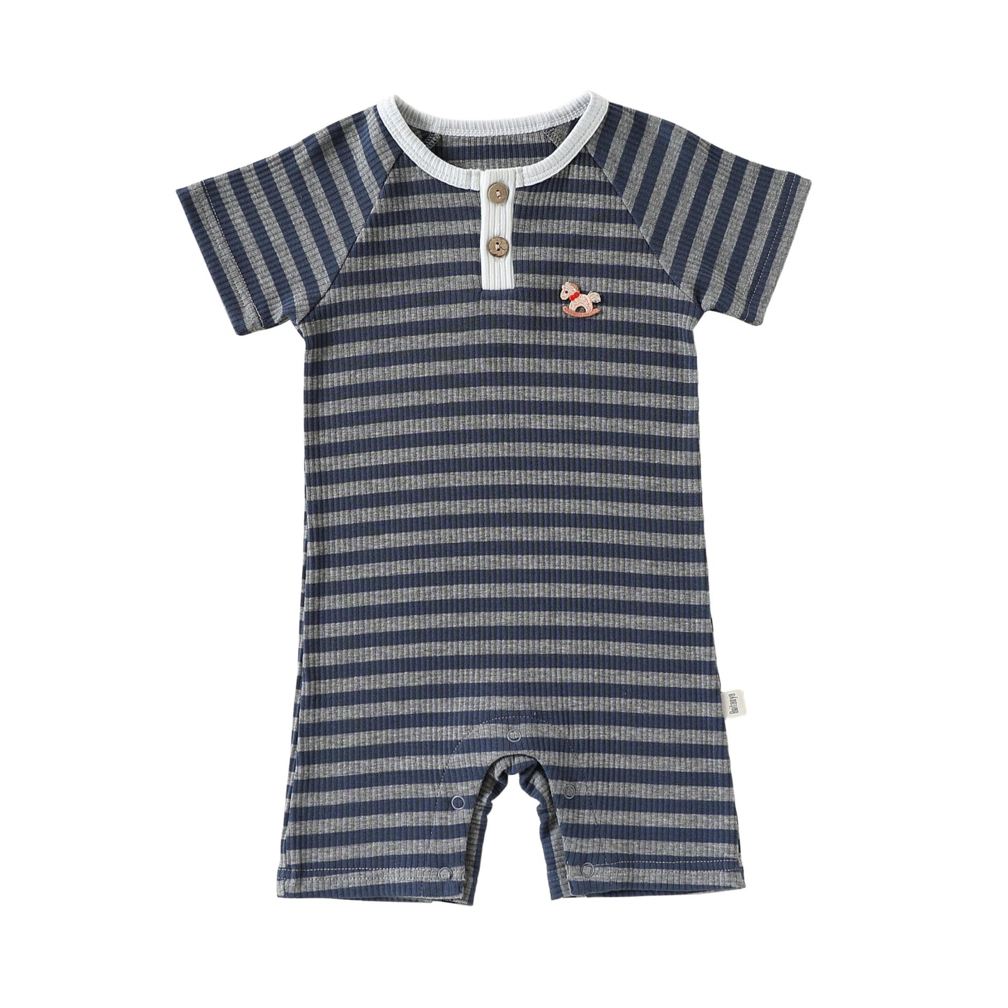 Henley Neckline Short Sleeve Modal Romper ワンポイント 刺繍 半袖ロンパース【mh0012781】
