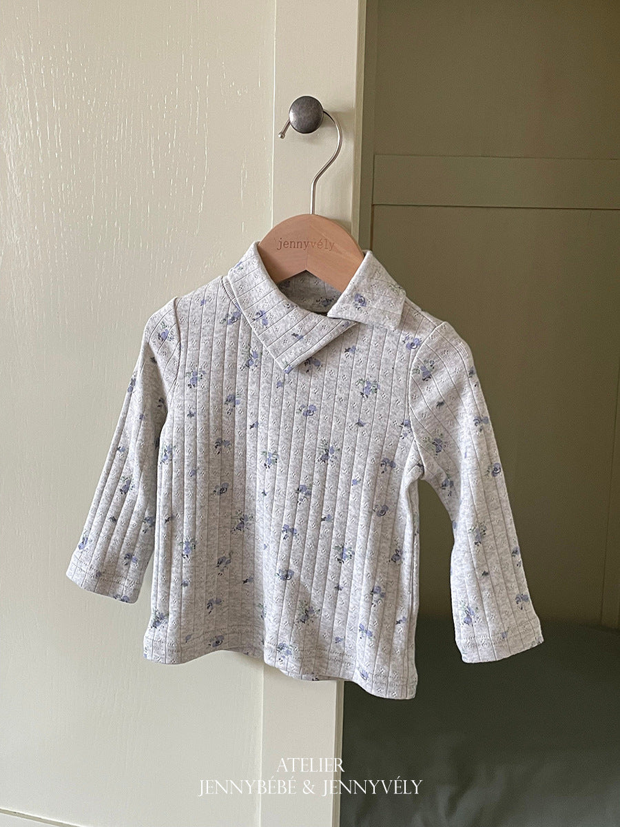 ベビー キッズ 小花柄 襟付き 長袖Tシャツ 裾フリル ロングパンツ【mh0014674】