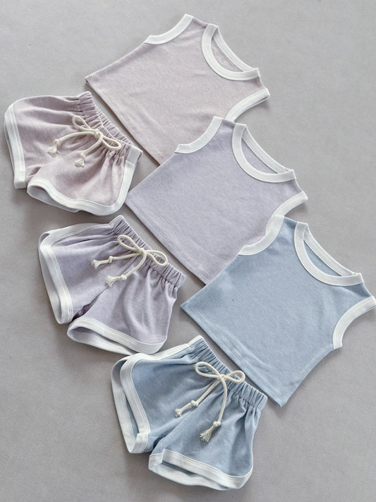 Korean style INS solid color trimmed sleeveless T-shirt and shorts set, a versatile and refreshing summer two-piece set for men, women, and children