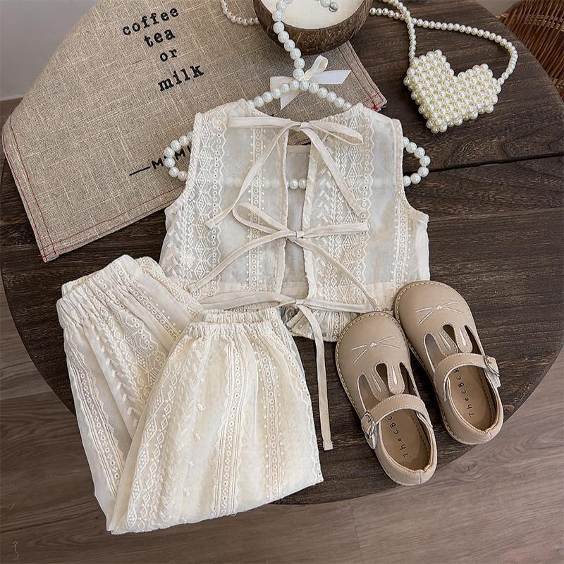 -キッズセットアップ 2点セット バックオープンノースリーブブラウス+ルーズロングパンツ レース刺繍【mh0005730】 - mamahalo shop - ノースリーブセットアップ - べビー服 - 子供服 - 男の子 - 女の子