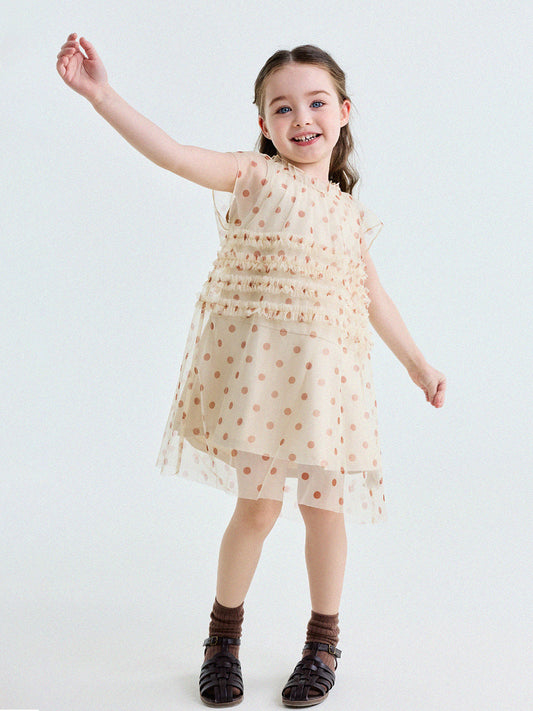 Polka Dot Ruffle Mesh Dress チュール フレンチスリーブワンピース【mh0013199】