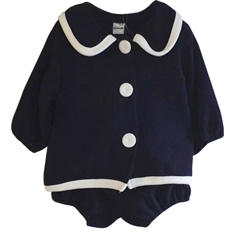College Style Knit Cardigan & Shorts Set コントラストライン ニット セットアップ【mh0012675】