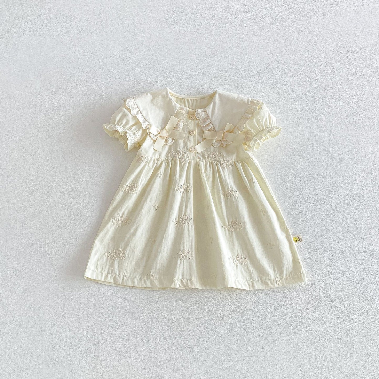 ベビー キッズ レース 襟 リボン 刺繍 パフスリーブ 半袖 ロンパース ワンピース【mh0013846】