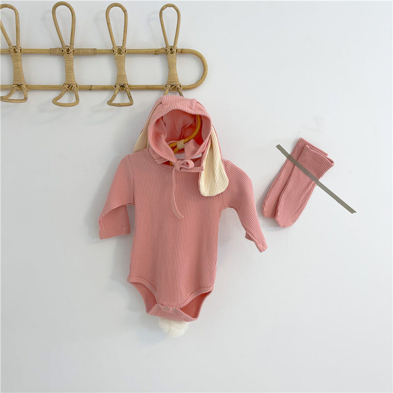 -ベビーロンパース しっぽ付き 長袖ロンパース うさ耳帽子 お揃い靴下 3点セット【mh0000384】 - mamahalo shop - 長袖ロンパース - べビー服 - 子供服 - 男の子 - 女の子