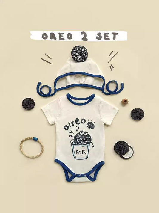 Oreo Milk Print Romper Bonnet Set クッキー 半袖ロンパース 帽子 セット【mh0013389】