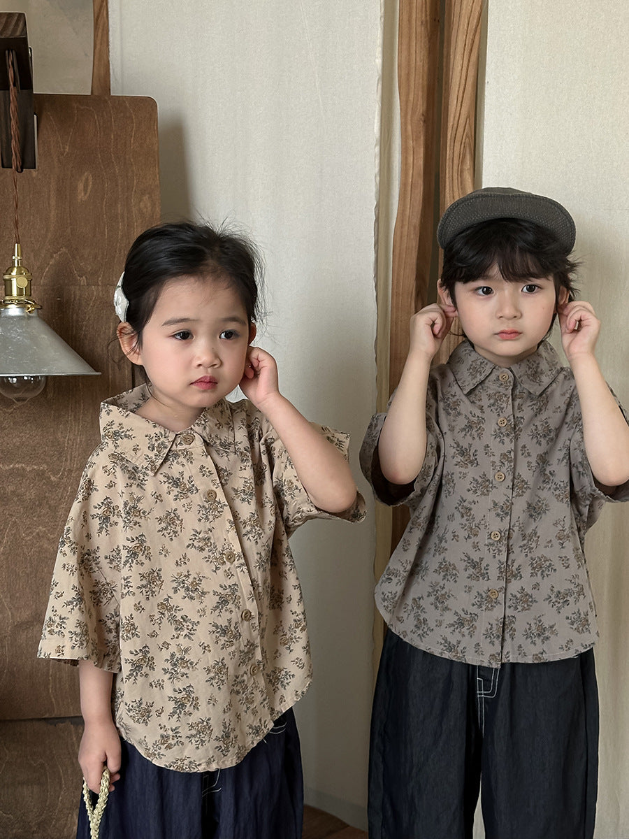 Floral Drop Shoulder Cotton Shirt フラワー 半袖シャツ【mh0013470】