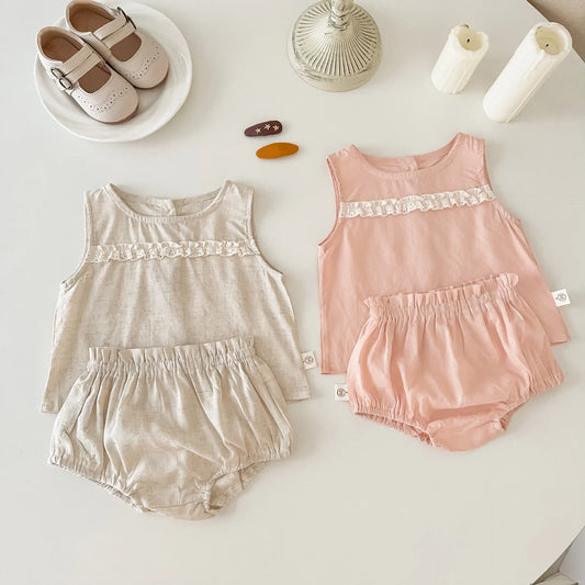 -ベビーセットアップ 2点セット ノースリーブフリルタンクトップ+ブルマパンツ 2カラー【mh0005538】 - mamahalo shop - ノースリーブセットアップ - べビー服 - 子供服 - 男の子 - 女の子