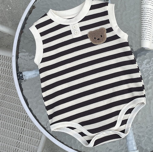 -ベビー ワッフル ボーダー くま ベア ワッペン ノースリーブ ロンパース 4カラー ユニセックス【mh0002070】 - mamahalo shop - ノースリーブロンパース - べビー服 - 子供服 - 男の子 - 女の子
