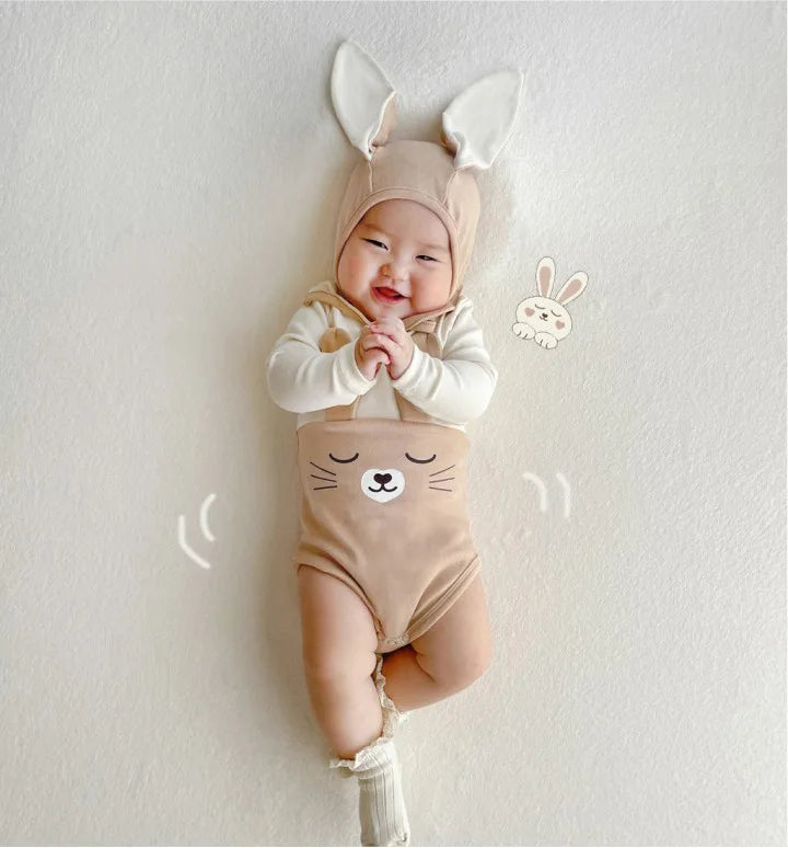 -ベビー うさぎ うさ耳 バニー ドッキング 半袖 ロンパース 耳帽子 セット ピンク アプリコット ユニセックス【mh0001994】 - mamahalo shop - 半袖ロンパース - べビー服 - 子供服 - 男の子 - 女の子
