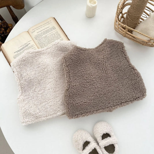 -ベビーベスト ボアフリースアウター リボンアクセント ベージュ カーキ 2カラー - mamahalo shop - ベスト - べビー服 - 子供服 - 男の子 - 女の子