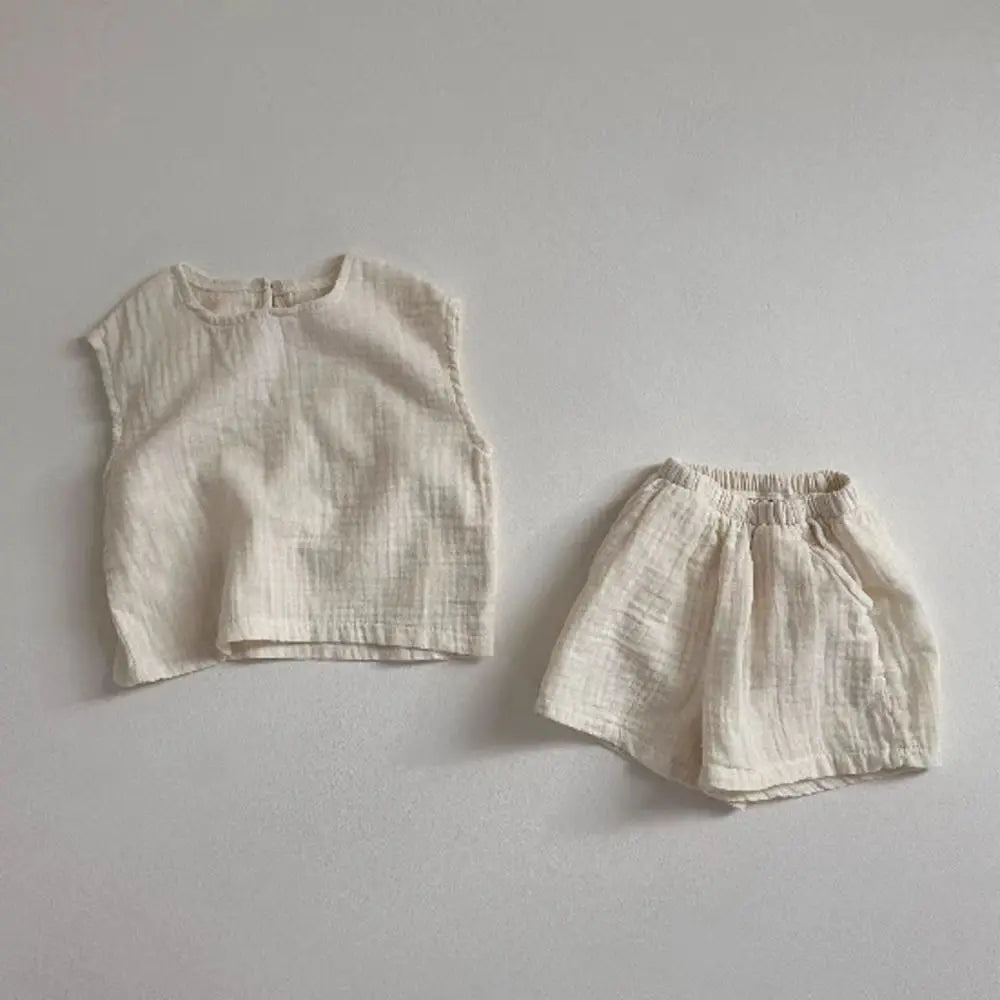 -ベビーセットアップ 2点セット ノースリーブトップス+ショートパンツ シンプルベーシック 2カラー - mamahalo shop - ノースリーブセットアップ - べビー服 - 子供服 - 男の子 - 女の子