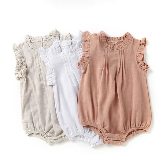 -ベビーロンパース ノースリーブ スタンドフリルカラーボディスーツ コットンリネン 3カラー【mh0004863】 - mamahalo shop - ノースリーブロンパース - べビー服 - 子供服 - 男の子 - 女の子