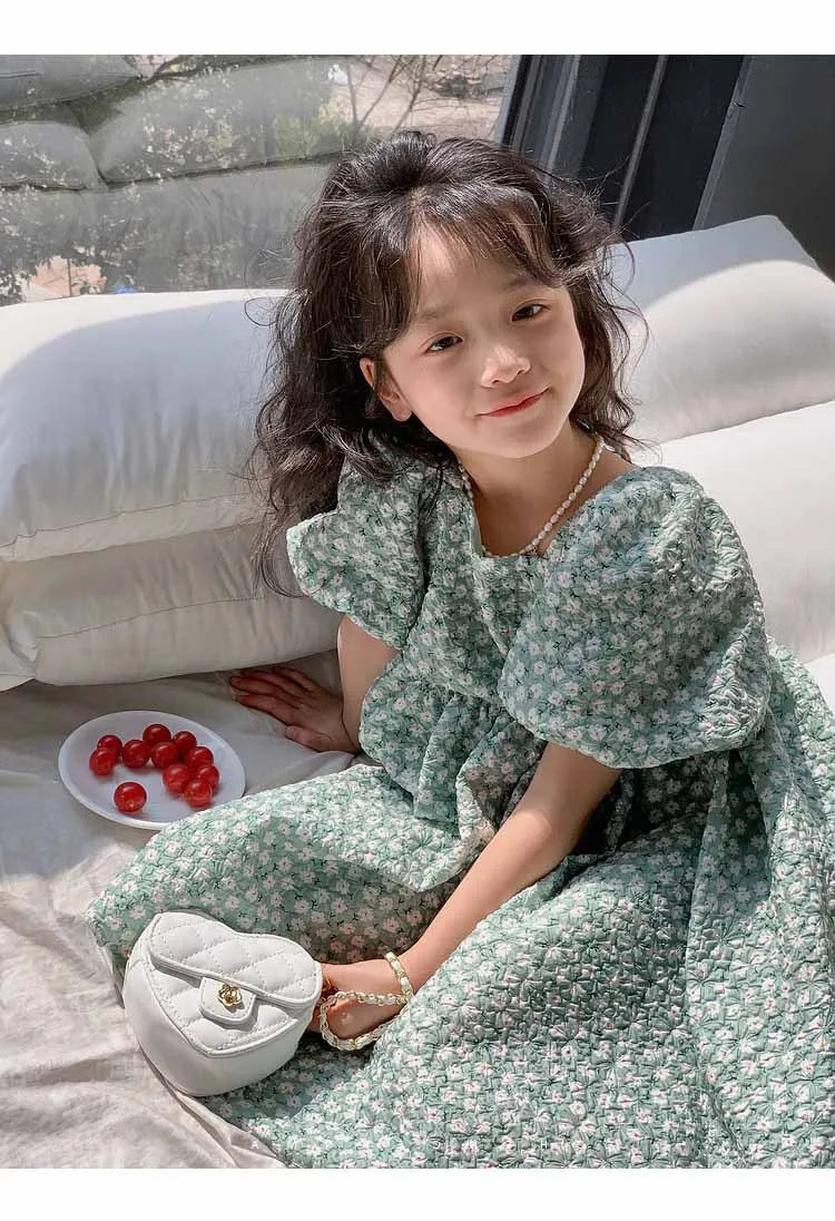 -キッズワンピース 半袖バブルスリーブサマードレス ボリューム袖 フラワー花柄プリント 2カラー【mh0005225】 - mamahalo shop - 半袖ワンピース - べビー服 - 子供服 - 男の子 - 女の子