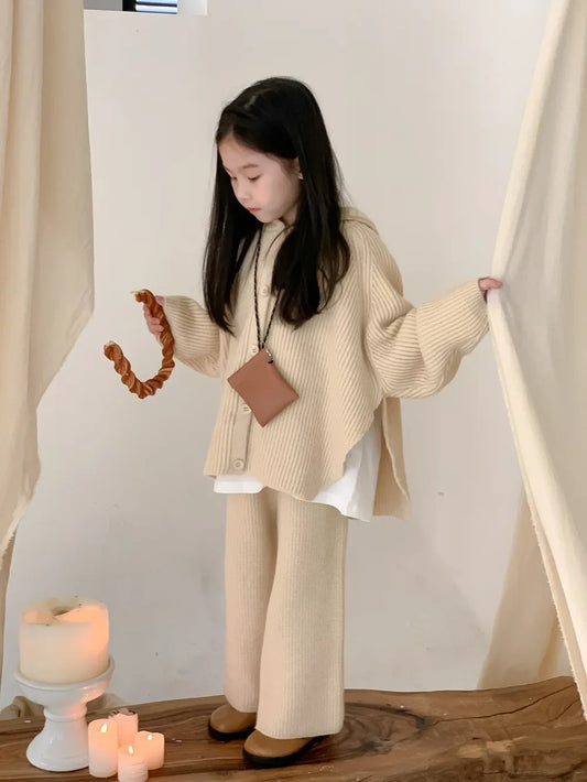 -キッズセットアップ 2点セット ニットフーディカーディガンジャケット ルーズフレアパンツ - mamahalo shop - 長袖セットアップ - べビー服 - 子供服 - 男の子 - 女の子