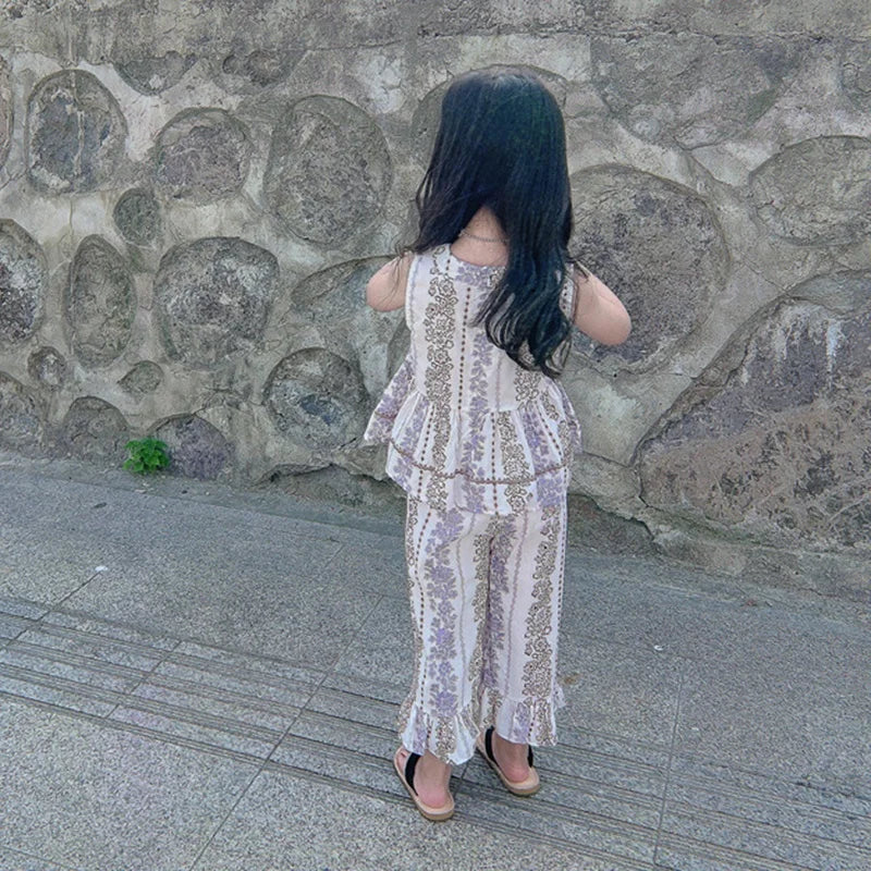 -キッズセットアップ 2点セット ノースリーブペプラムトップス+ワイドルーズパンツ【mh0005760】 - mamahalo shop - ノースリーブセットアップ - べビー服 - 子供服 - 男の子 - 女の子