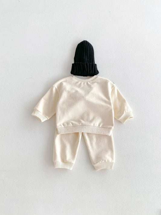 -ベビーキッズセットアップ 2点セット セーラーリボン 長袖スウェットシャツ+スウェットパンツ アプリコット【mh0006369】 - mamahalo shop - 長袖セットアップ - べビー服 - 子供服 - 男の子 - 女の子