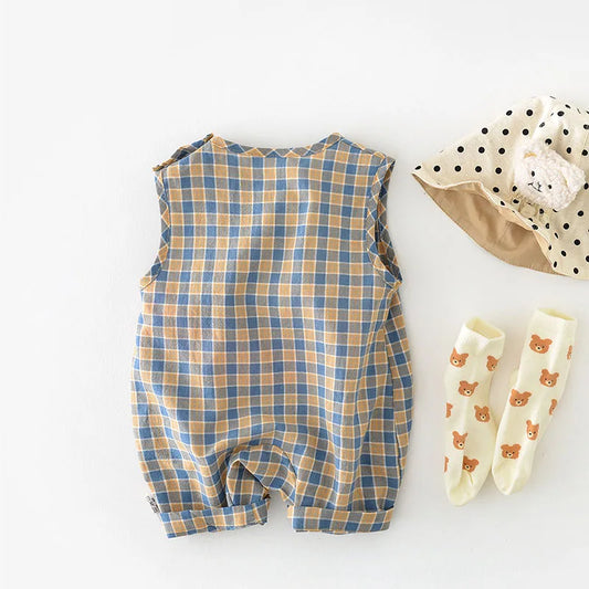 -ベビージャンプスーツ ノースリーブチェックボディスーツ ベアくまプリント【mh0006261】 - mamahalo shop - ノースリーブジャンプスーツ - べビー服 - 子供服 - 男の子 - 女の子