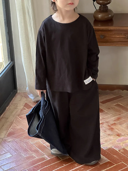 -キッズセットアップ 2点セット 長袖ルーズシャツ+ワイドルーズパンツ シンプルベーシック 3カラー - mamahalo shop - 長袖セットアップ - べビー服 - 子供服 - 男の子 - 女の子